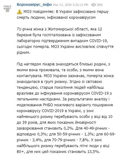 В Україні від коронавіруса загинула жінка в Житомирській області