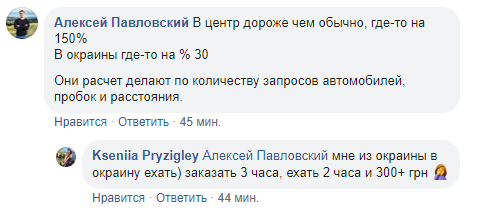 Пользователи обсуждают стоимость такси в Киеве. Скриншот: Facebook/Kseniia Pryzigley