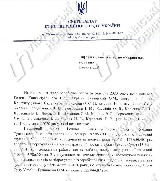 Заробітна плата глави Конституційного Суду Олександра Тупицького за жовтень.  Відповідь на запит Українських Новин