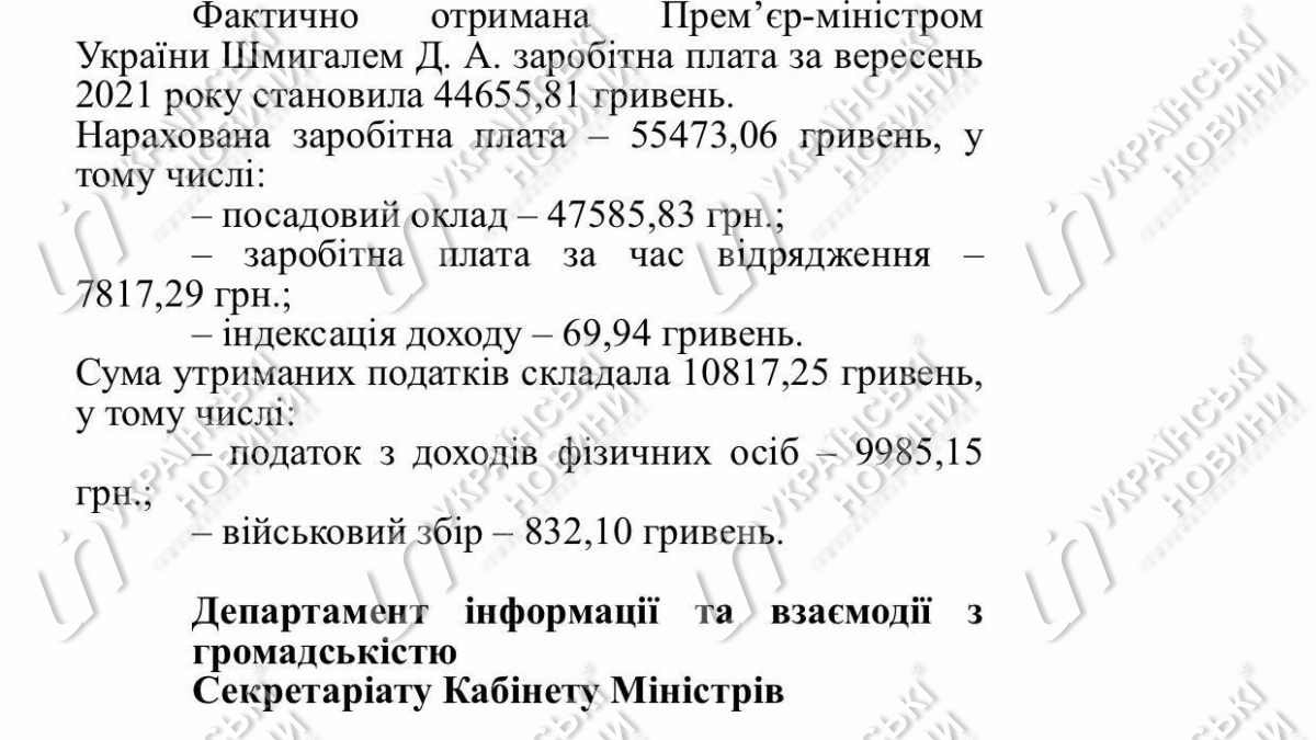 Зарплата премьер-министра Дениса Шмыгаля в сентябре. Ответ на запрос Українських Новин