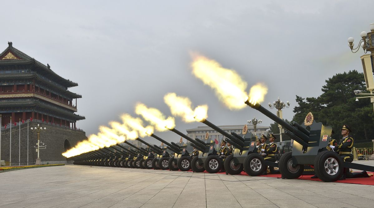 A 100-gun salute is fired in celebration of the centenary of the Communist Party of China at Tian'anmen Square in Beijing, July 1, 2021. Photo/Xinhua