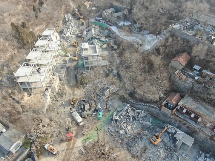 Demolition site of illegal buildings in the southern mountainous area of Jinan City, east China's Shandong Province. Photo by Xinhua.