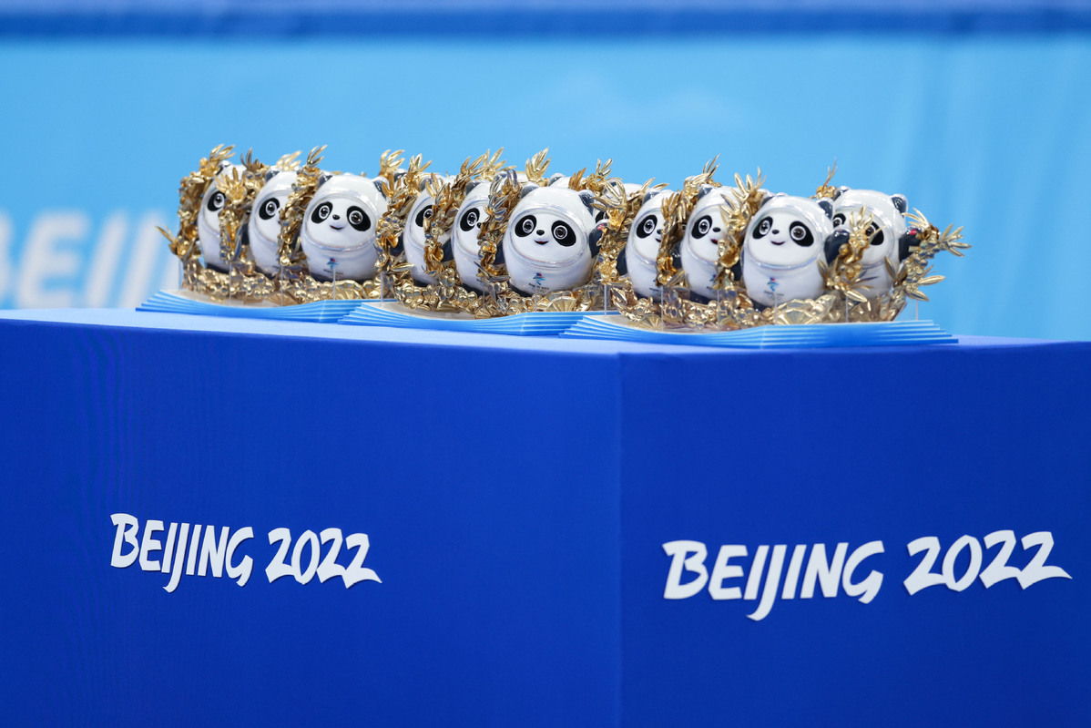 Beijing 2022 mascots Bing Dwen Dwen to be awarded to medalists of the short track speed skating team mixed relay are seen before the awarding ceremony in Capital Indoor Stadium, Beijing. Photo by Xinhua.