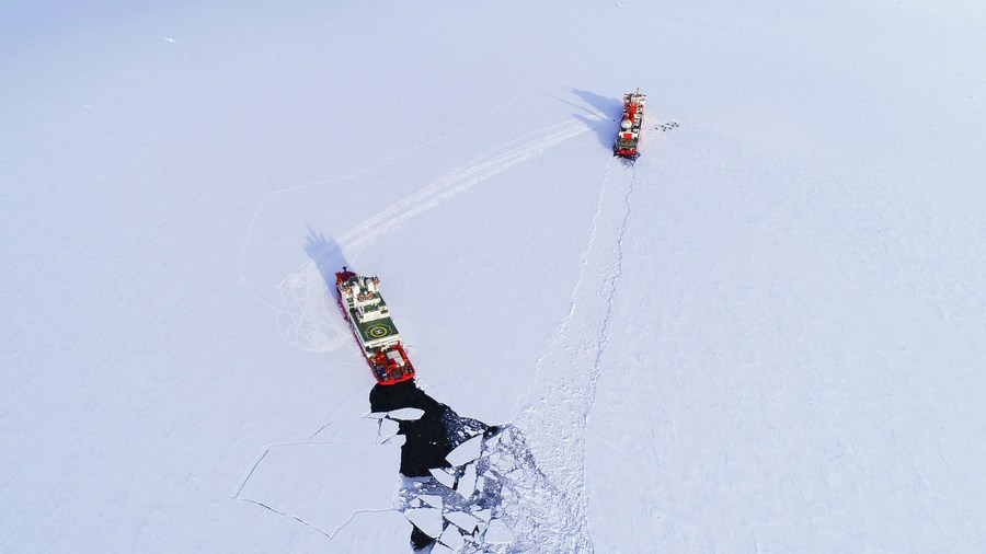 China's icebreakers Xuelong and Xuelong 2 at an area close to China's Zhongshan Station in Antarctica. Photo by Xinhua/Liu Shiping.