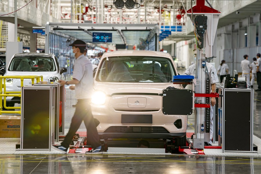 A new energy car is inspected at the workshop of Chinese car manufacturer Leapmotor in Jinhua, east China's Zhejiang Province. Photo by Hu Xiaofei/Xinhua.