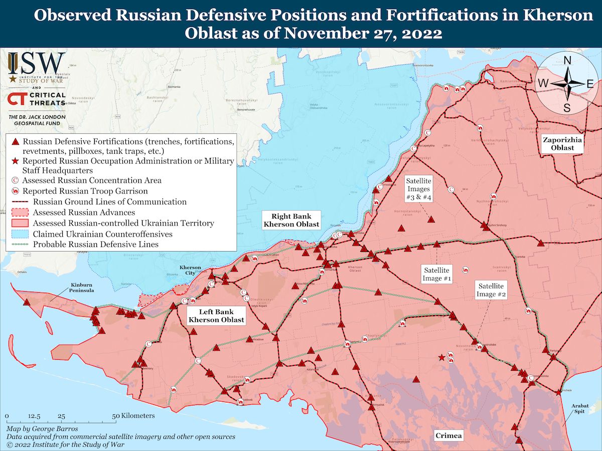 Російські війська спорудили десятки оборонних пунктів на лівобережній частині Херсонської області. Фото: ISW