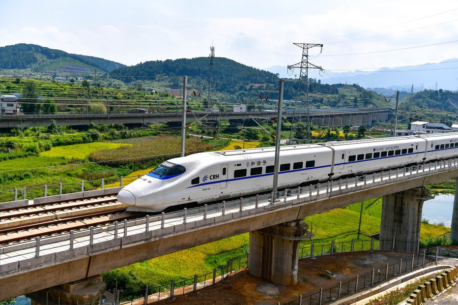 A bullet train runs on the Guiyang-Nanning high-speed railway in Duyun City, southwest China's Guizhou Province. Photo by Xinhua/Yang Wenbin.