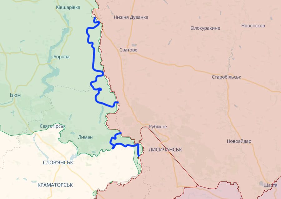 Підконтрольні Україні частини території Луганської області станом на 21 лютого 2024 року (адміністративний кордон регіону вказано синьою лінією). Фото: deepstatemap.live