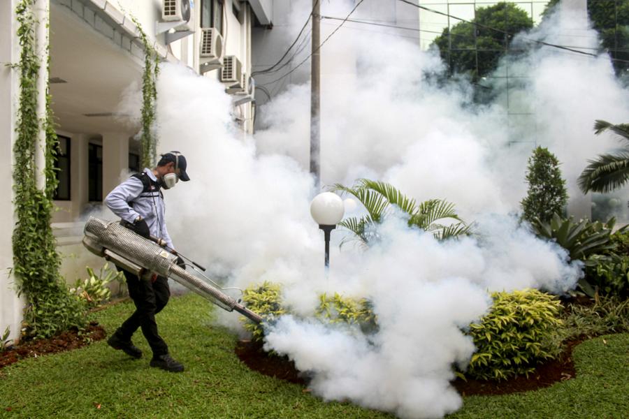 A worker sprays anti-mosquito fog to prevent the spread of dengue fever in Bogor, West Java, Indonesia. Photo by Sandika Fadilah/Xinhua.