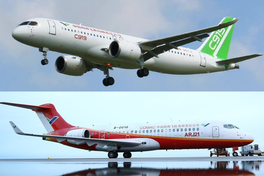 ARJ21 regional aircraft and C919 passenger aircraft. Photo by Xinhua.