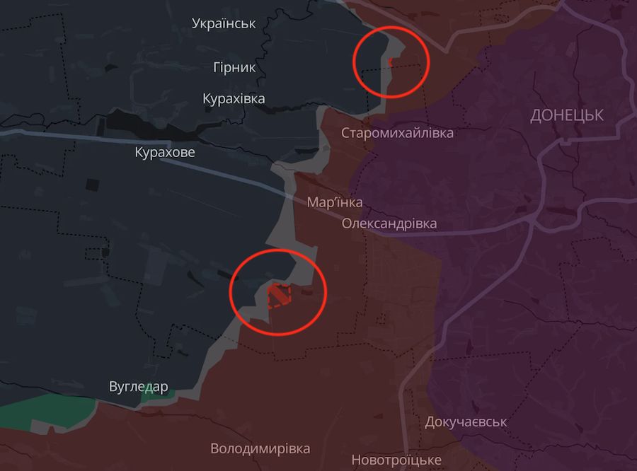 The russians advanced near Nevelske (upper circle) and Kostiantynivka (lower circle). Screenshot of the DeepState interactive map