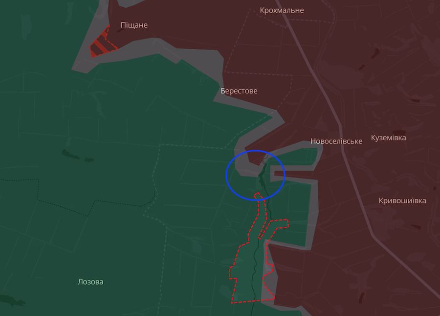 The occupiers advanced near Pishchane, and the Armed Forces of Ukraine pushed back the russians north of Stelmakhivka (blue circle). Screenshot of the DeepState interactive map